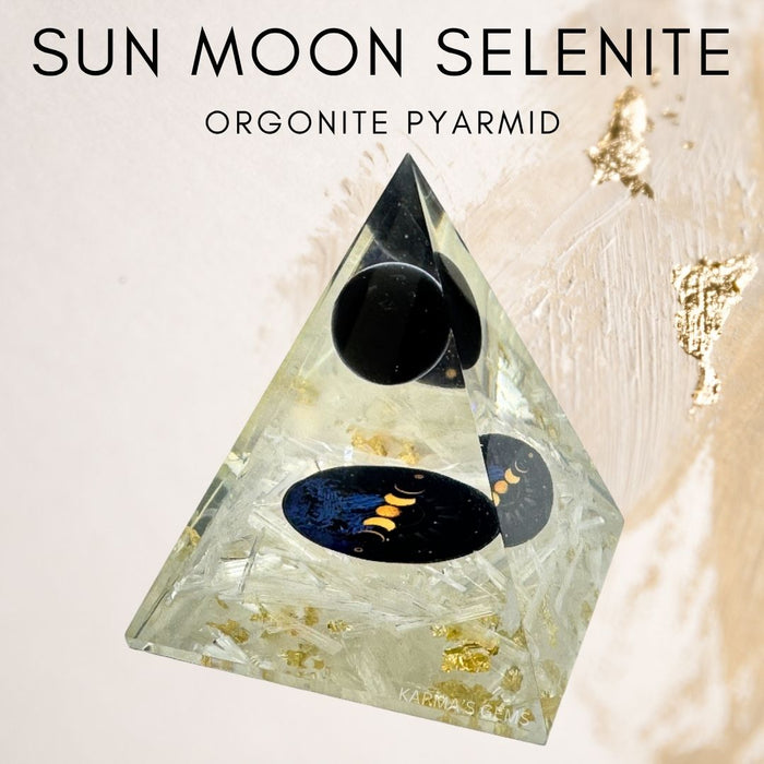 SUN, MOON SELENITE ORGONITE PYRAMID
