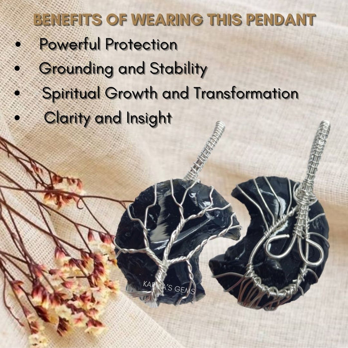 MOON SHAPE BLACK OBSIDIAN WRAPPED PENDANT