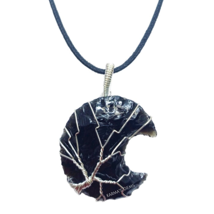 MOON SHAPE BLACK OBSIDIAN WRAPPED PENDANT
