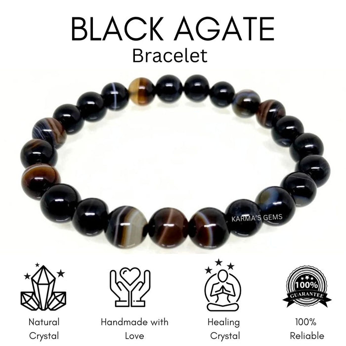 8 MM BEADS BLACK AGATE BRACELET