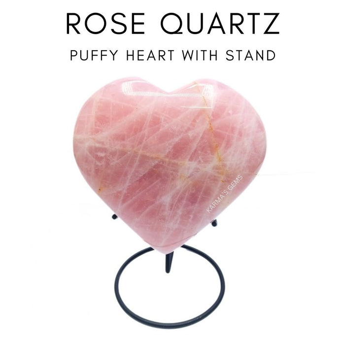 BIG ROSE QUARTZ STONE HEART WITH STAND