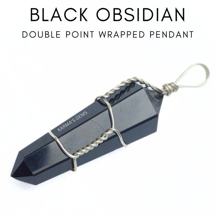 DOUBLE POINT BLACK OBSIDIAN WRAPPED  PENDANT
