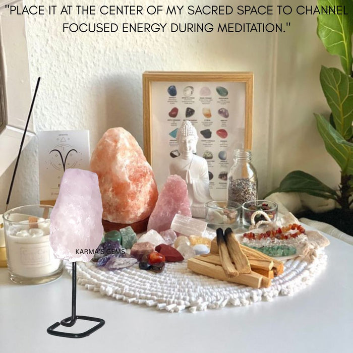 RAW ROSE QUARTZ STONE ON STAND