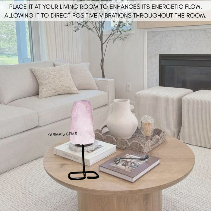 RAW ROSE QUARTZ STONE ON STAND