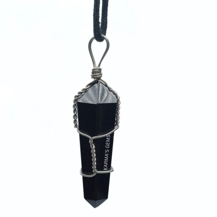 DOUBLE POINT BLACK OBSIDIAN WRAPPED  PENDANT
