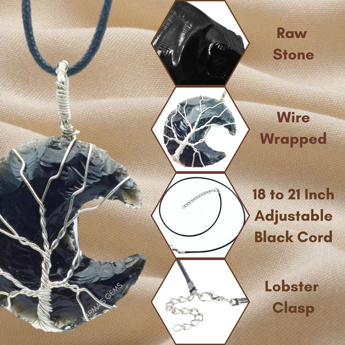 MOON SHAPE BLACK OBSIDIAN WRAPPED PENDANT