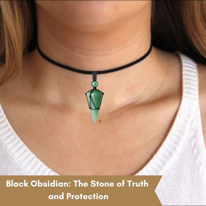 BLACK OBSIDIAN STONE THREAD WRAPPED PENDULUM PENDANT